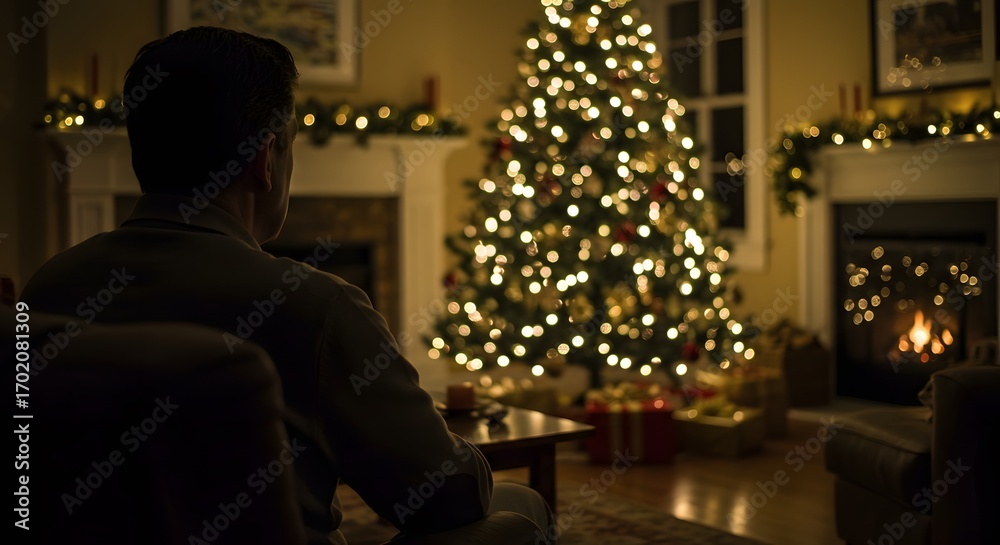 Naklejka premium Cozy Christmas interior with a man admiring decorated tree