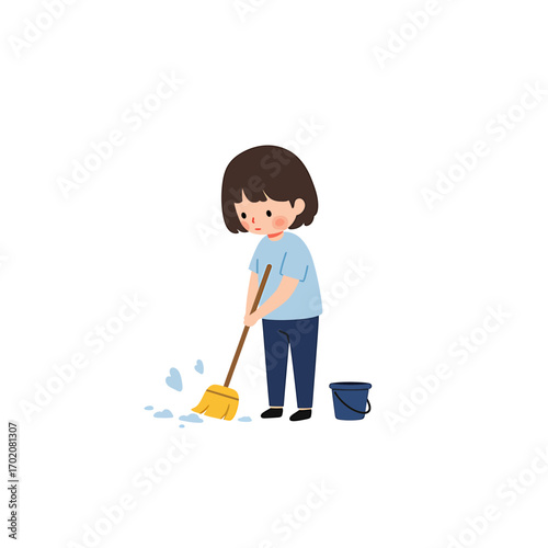 Cute cartoon character of a little girl doing household chores, sweeping the floor with a broom. An isolated vector illustration about cleanliness and responsibility