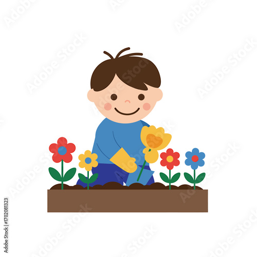 A charming illustration of a happy young boy enjoying the hobby of gardening, planting colorful flowers in a planter box, symbolizing a child's connection with nature