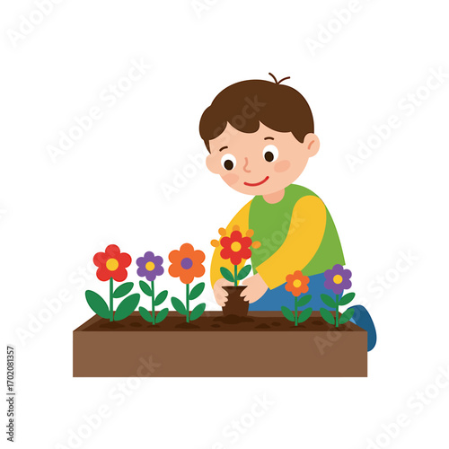 Cute little boy happily planting colorful flowers in a wooden planter box, enjoying a fun gardening hobby and learning about nature
