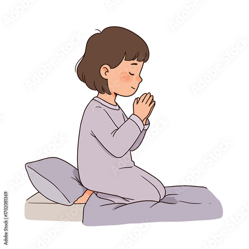 A cute little girl in pajamas kneels for her bedtime prayer, a quiet moment of innocent faith and hope before sleep