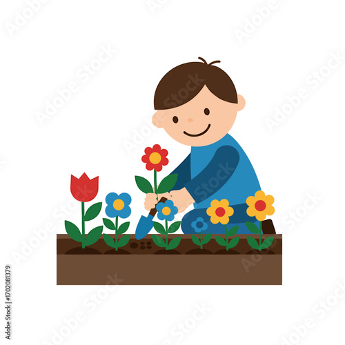 Childhood joy and discovery as a young boy cultivates his first vibrant flower garden, an educational outdoor hobby