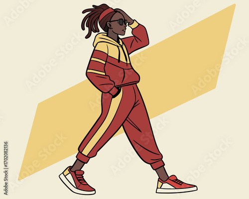 Black woman with dreadlocks wearing casual streetwear, hoodie, and sweatpants, character design for illustration
