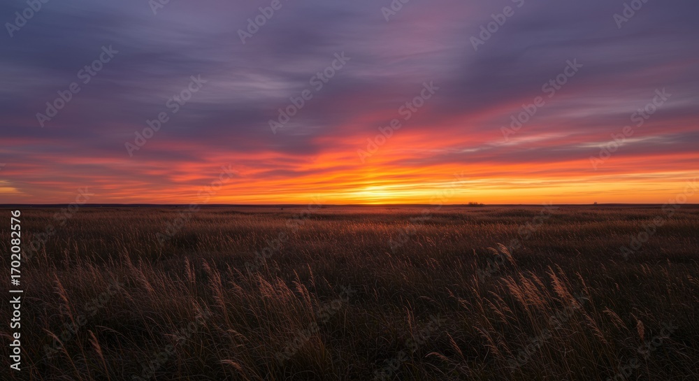 Fototapeta premium Fiery orange and purple sunset painting the sky above a vast, tranquil prairie grassland