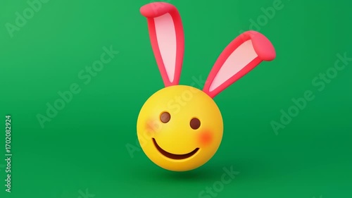 Playful 3D Easter Bunny Emoji Bounces Happily onto a Green Screen Background