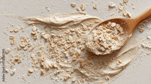 Top-down view of oat flakes and flour in a wooden spoon over a cosmetic cream smear on a light background.
