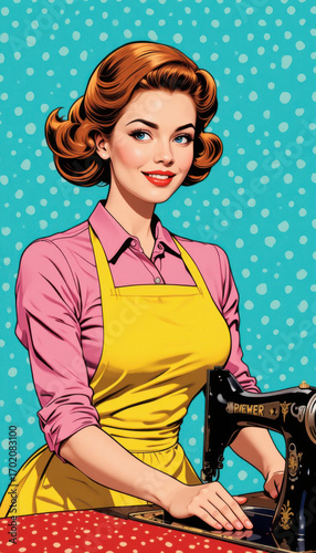 Retro woman in yellow apron sewing with vintage sewing machine