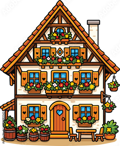 Charming cottage house with wooden details, flower pots, balcony plants, and cozy rustic style. Perfect for village scenery, fairytale theme, real estate concept, editable EPS for creative projects.