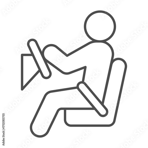 Driver and steering wheel, chair thin line icon, learners permit concept. Vector graphics. Man with seat belt, driving sign on white background, outline style icon for mobile or web design.