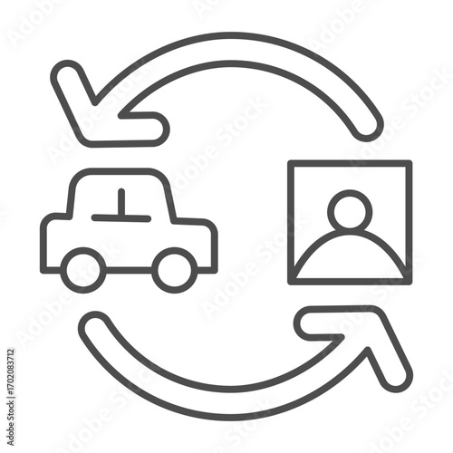 Driver license lookup thin line icon, learner permit concept. Vector graphics. Two arrows with photo and car, driving sign on white background, outline style icon for mobile or web design.
