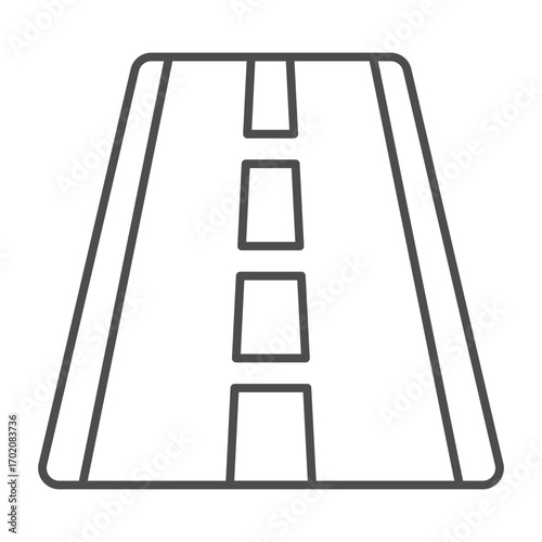Asphalt road with markings thin line icon, learner permit concept. Vector graphics. White stripes on the road, driving sign on white background, outline style icon for mobile or web design.