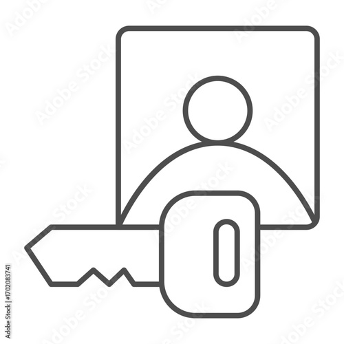 Key with owner photo thin line icon, realtor concept. Vector graphics. User pic with key for lock, safety sign on white background, outline style icon for mobile or web design.