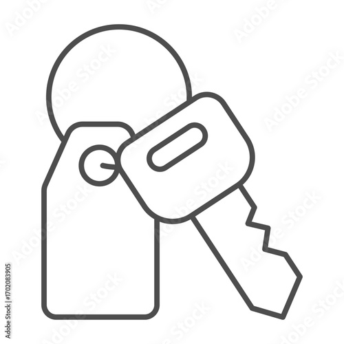 House key and keychain thin line icon, real estate concept. Vector graphics. Key with room number tag, safety sign on white background, outline style icon for mobile or web design.