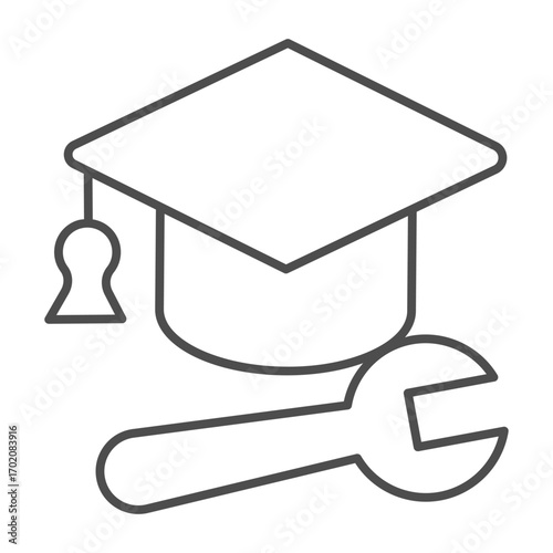 Wrench with student hat thin line icon, learners permit concept. Vector graphics. Graduate cap and wrench tool, repair sign on white background, outline style icon for mobile or web design.
