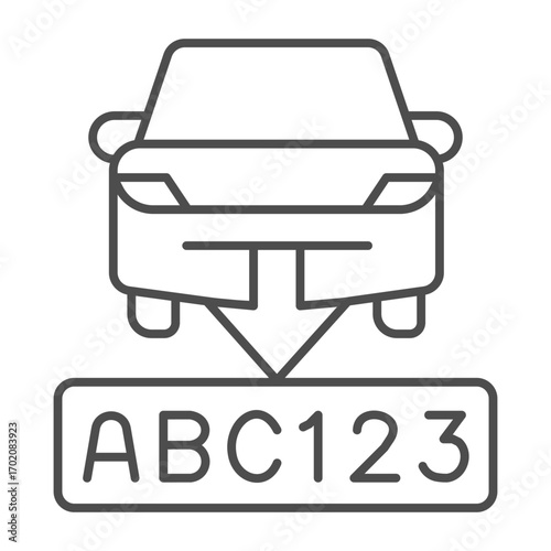 Car with state number plank thin line icon, drivers permit concept. Vector graphics. Driver identity tag on road, safety sign on white background, outline style icon for mobile or web design.