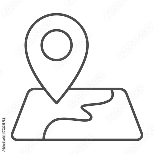Map with road and location pin thin line icon, learners permit concept. Vector graphics. Route and pointer, wayfinding sign on white background, outline style icon for mobile or web design.