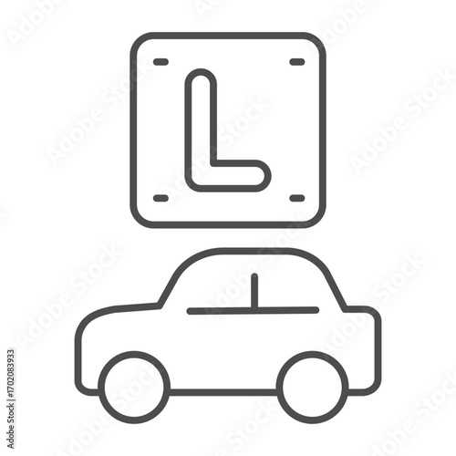Signboard with letter L and car vehicle thin line icon, learner permit concept. Vector graphics. Car with learners parking sign on white background, outline style icon for mobile or web design.