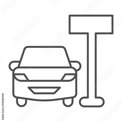 Signpost of place and car thin line icon, learners permit concept. Vector graphics. Car vehicle and plank pole, location tag sign on white background, outline style icon for mobile or web design.
