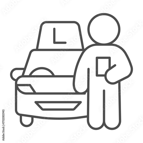 Instructor and company car thin line icon, learners permit concept. Vector graphics. Man with driving school vehicle, driving sign on white background, outline style icon of mobile or web design.