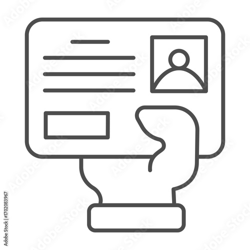 Driver license card in hand thin line icon, learners permit concept. Vector graphics. Hand with identity badge, driving sign on white background, outline style icon for mobile or web design.