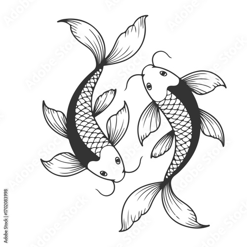 Black and White Pisces Illustration Featuring Two Stylized Koi Fish