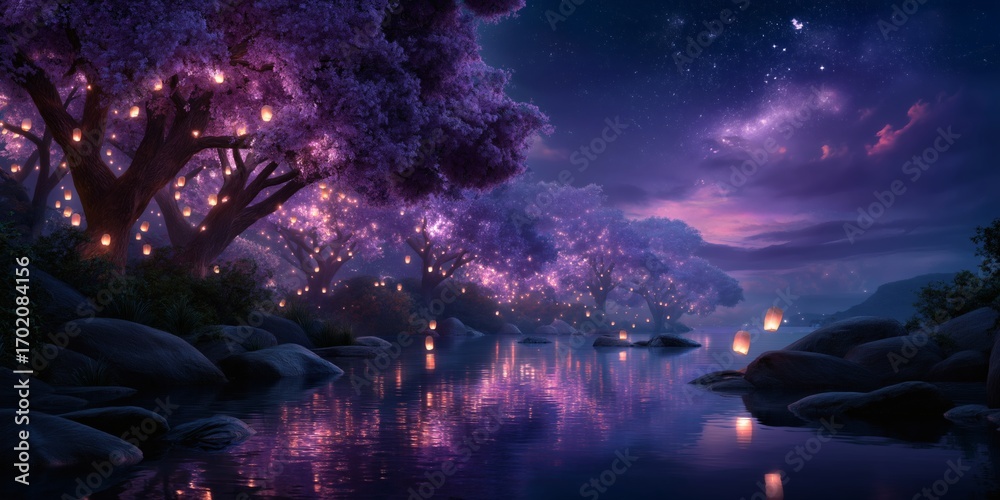 Obraz premium Tranquil waters reflect a magical forest illuminated by floating lights.