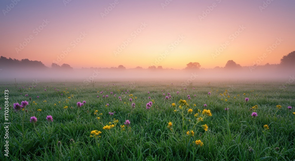 Fototapeta premium Serene dawn breaking through the mist, illuminating a tranquil meadow of vibrant wildflowers in the soft morning light
