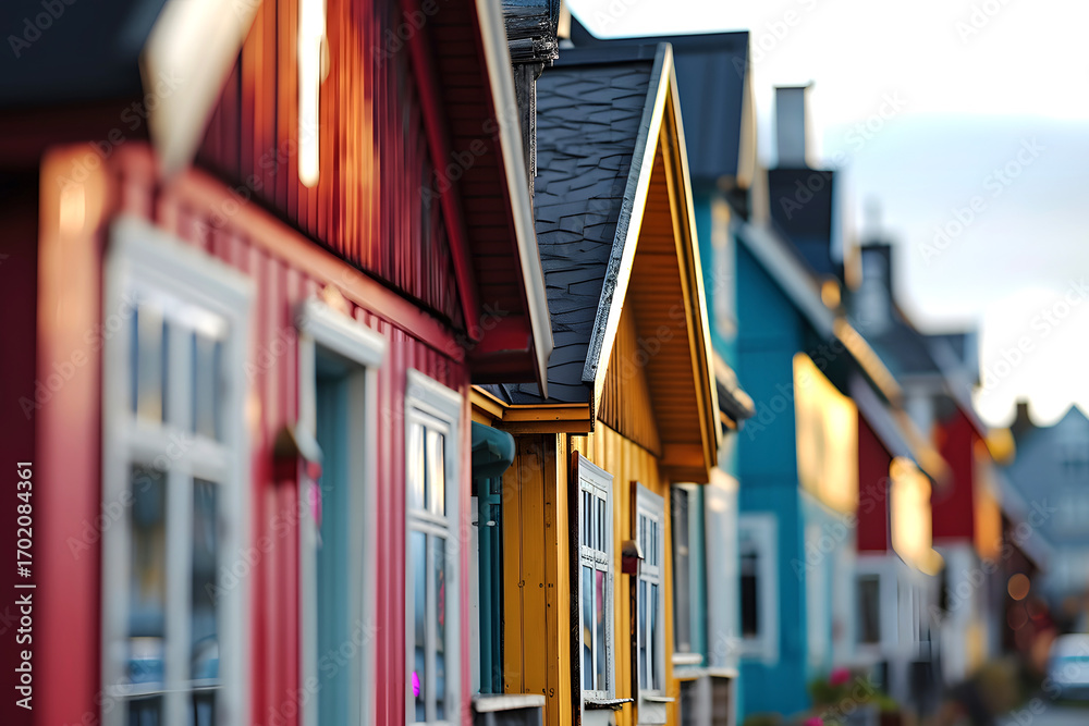 Fototapeta premium Colorful houses line the street in a vibrant coastal town during golden hour