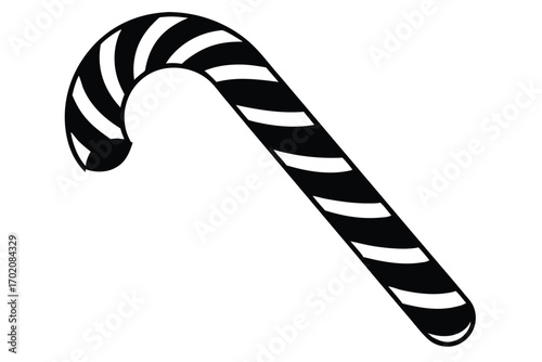 Minimalist Black and White Candy Cane Icon Illustration with Striped Pattern Holiday Treat