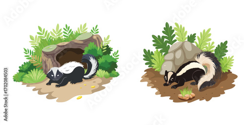 Cozy skunk den nestled near dense shrubs entrance vector art design illustration