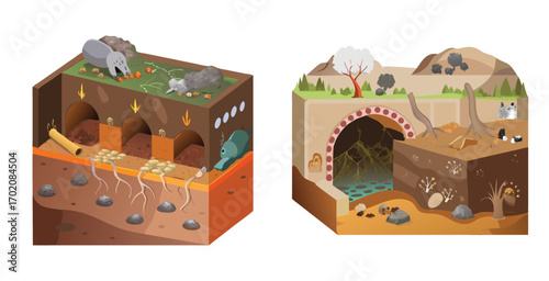 Cross sectional view of an underground mole tunnel vector art design illustration
