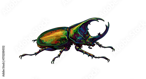 Colorful Illustration of a Rhinoceros Beetle with Prominent Horn 1.