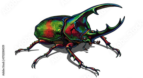 Colorful Illustration of a Rhinoceros Beetle with Large Horn.