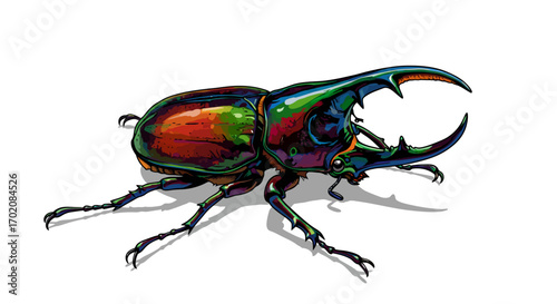 Colorful Illustration of a Rhinoceros Beetle with Prominent Horns.