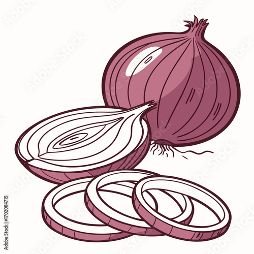 Fresh red onion illustration, sliced and whole, perfect for healthy recipes and vibrant food designs, originally a scalable vector graphic