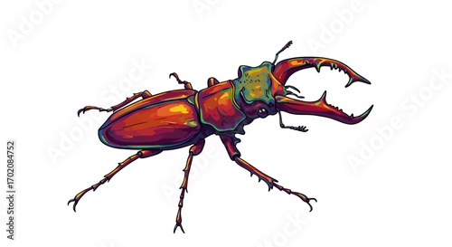 Colorful Stag Beetle Illustration with Prominent Mandibles and Detailed Legs.