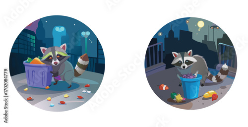 Curious raccoon rummaging through a trash bin at night vector art design illustration