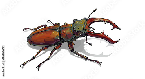Illustrated Stag Beetle with Prominent Mandibles and Detailed Anatomy.