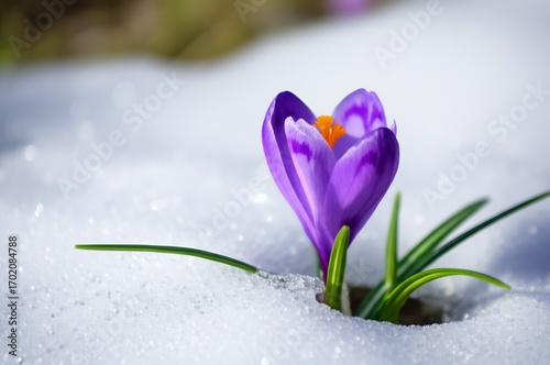 Delicate crocus or snowdrop flower bravely pushing through the last remnants of melting snow, symbolizing springs arrival and new beginnings.