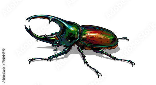 Illustrated Rhinoceros Beetle with Large Horns and Shiny Exoskeleton.