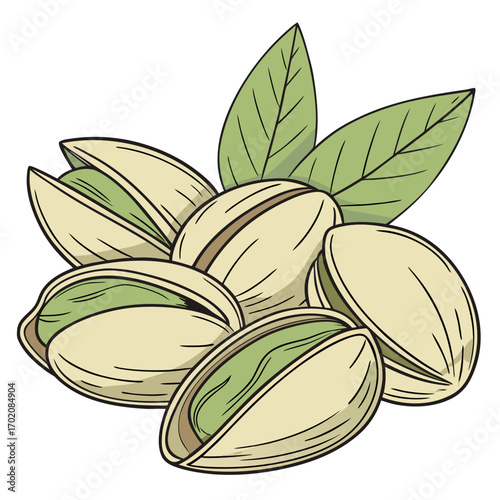 Delicious pistachios with leaves ready for snacking, a healthy and vibrant treat for culinary projects or creative food designs