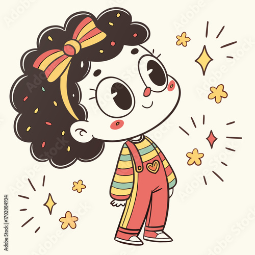 Adorable cartoon girl with a bow and overalls surrounded by stars offers a sweet, cheerful, and playful visual appeal
