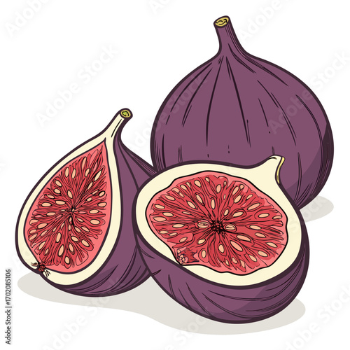 Fresh figs, one whole and two halves, showcasing vibrant red flesh and intricate seed patterns, perfect for healthy recipes
