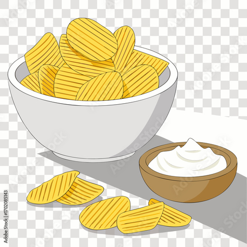 Crispy ridged potato chips overflowing from a bowl with creamy dip for snack time and a delicious comfort food treat