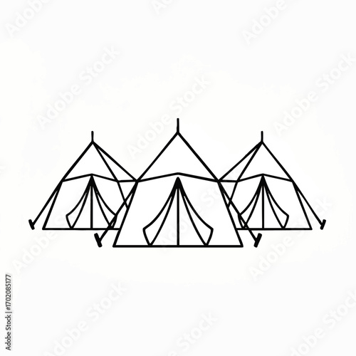 A minimalist black line art illustration of three triangular camping tents arranged in a row.