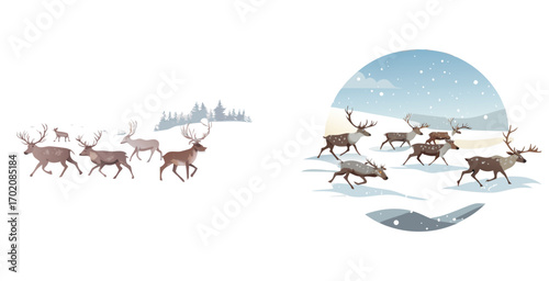 Dynamic herd of caribou moving through a snowy land vector art design illustration