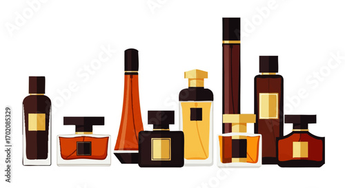 A row of diverse, elegant perfume bottles with dark caps and gold details, illustrated in a modern flat style.