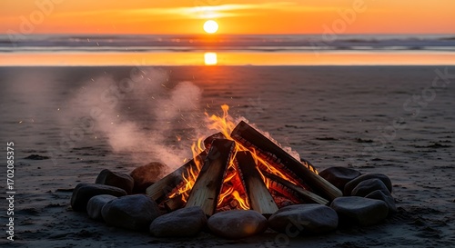 Beach Bonfire Sunset - Burning Wood and Ocean View.