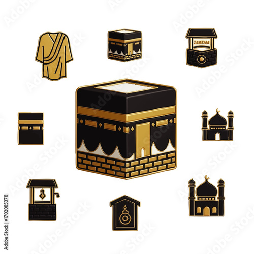 A set of 3D Hajj and Umrah pilgrimage icons featuring the Kaaba, mosque, and Zamzam well in a glossy black and gold style.