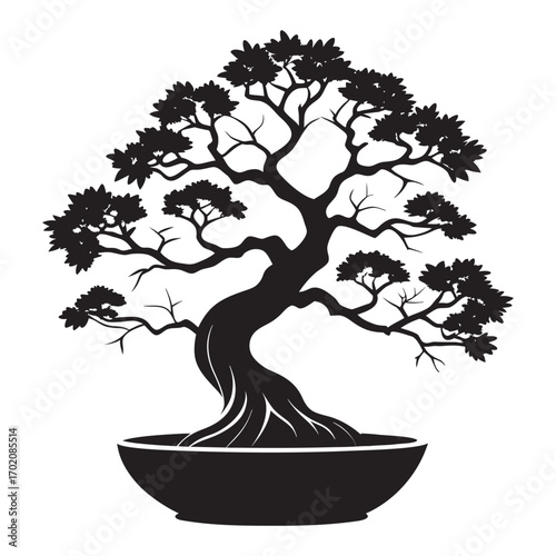 Black silhouette of a traditional bonsai tree in a pot